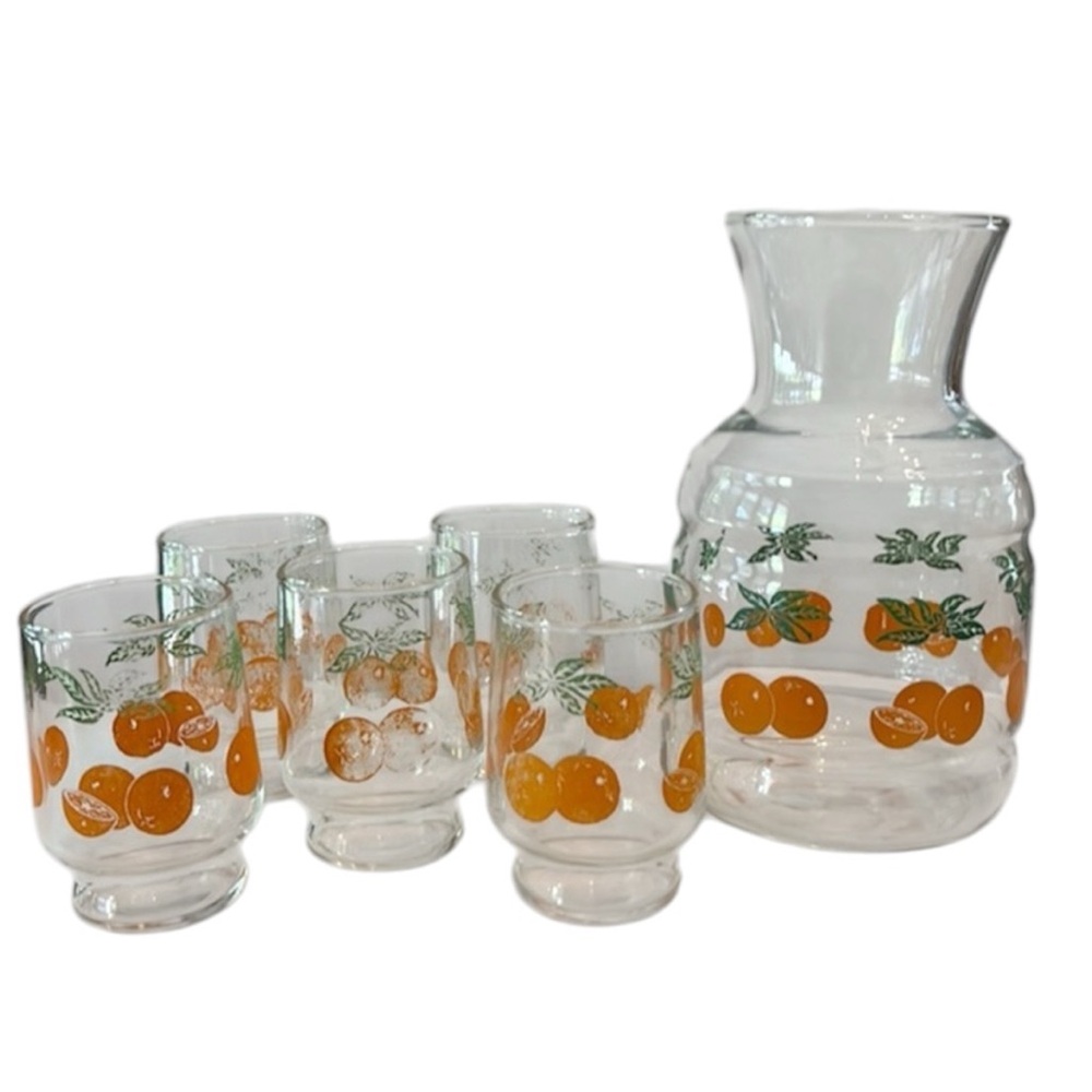 Vintage Orange Juice Carafe Decanter 5 Matching Juice‎ Glasses
